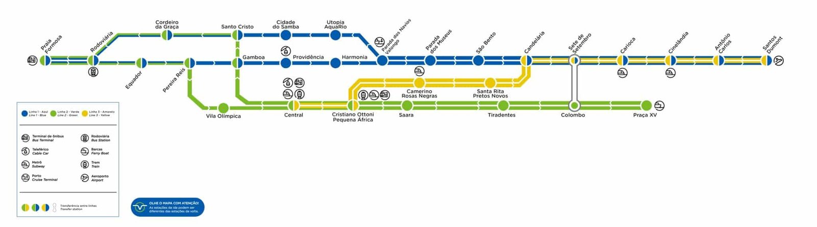 Mapa do VLT Rio de Janeiro, com linhas e estações